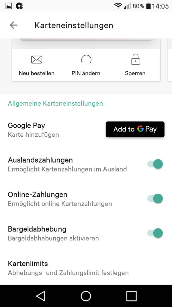 N26 Geschäftskonto App Karteneinstellungen