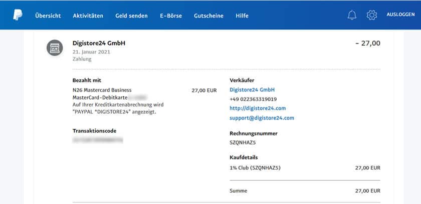 PayPal Zahlungsbeleg des 1% Clubs