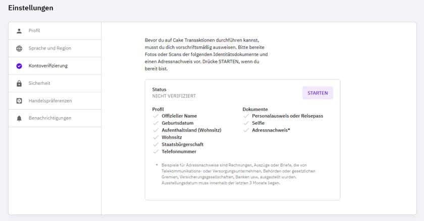 Screenshot Cake DeFi KYC & Verifizierungsbedingungen