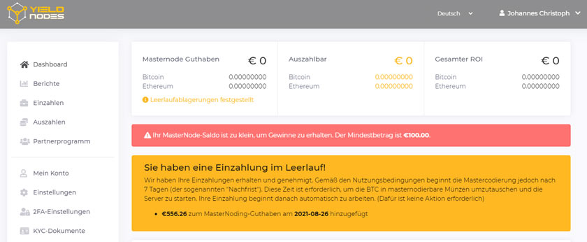 Screenshot Yieldnodes Einzahlung Bestätigung und Sperrfrist