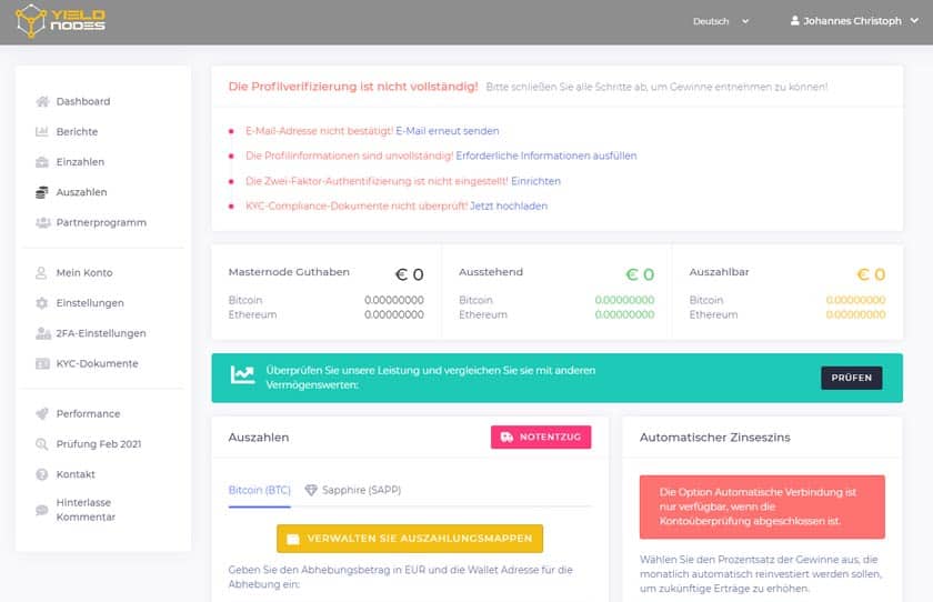 Screenshot Yieldnodes Backoffice Verifizierung des Profils