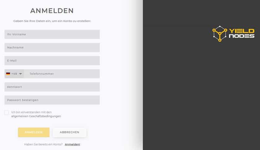 Screenshot Yieldnodes Registrierungsformular