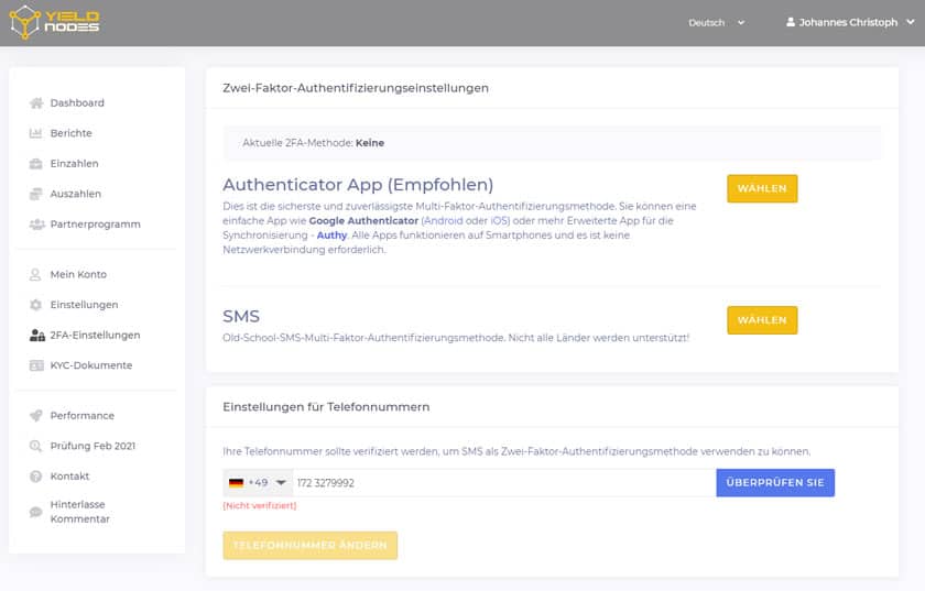 Screenshot Yieldnodes Backoffice Zwei-Faktor-Authentifizierungen