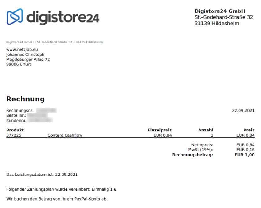 Screenshot der Content Cashflow Digistore24 Rechnung