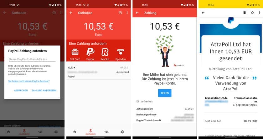 Screenshot Strecke zur Paypal Auszahlung bei AttaPoll 