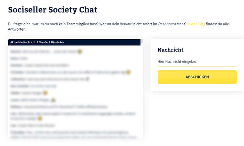 Screenshot: Sociseller Society Chat Funktion im Backoffice