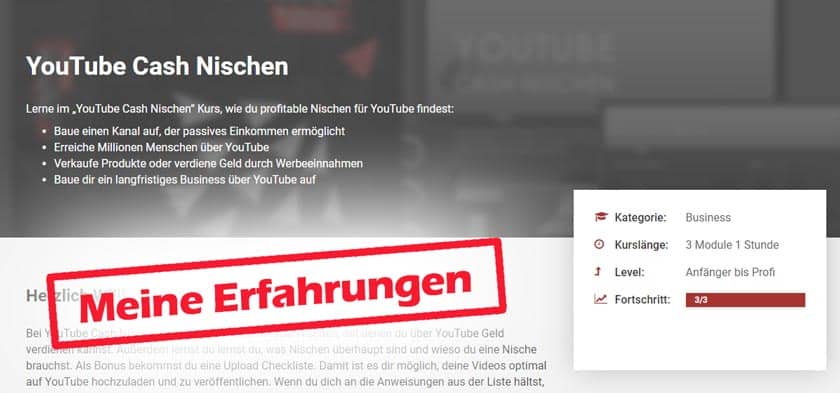 Screenshot YouTube Cash Nischen Erfahrungsbericht