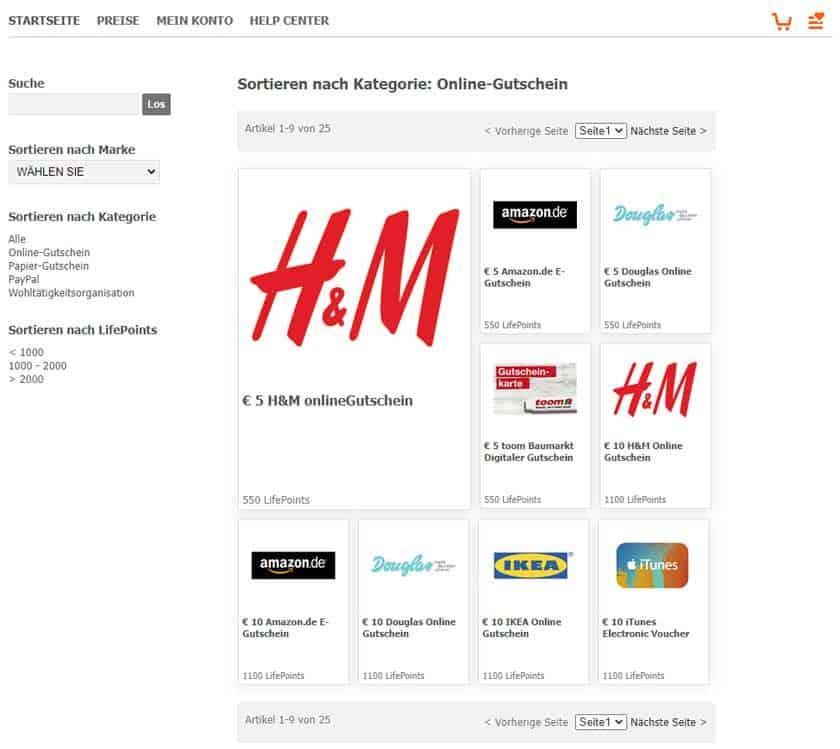 Screenshot der LifePoints Gutscheine & Prämien