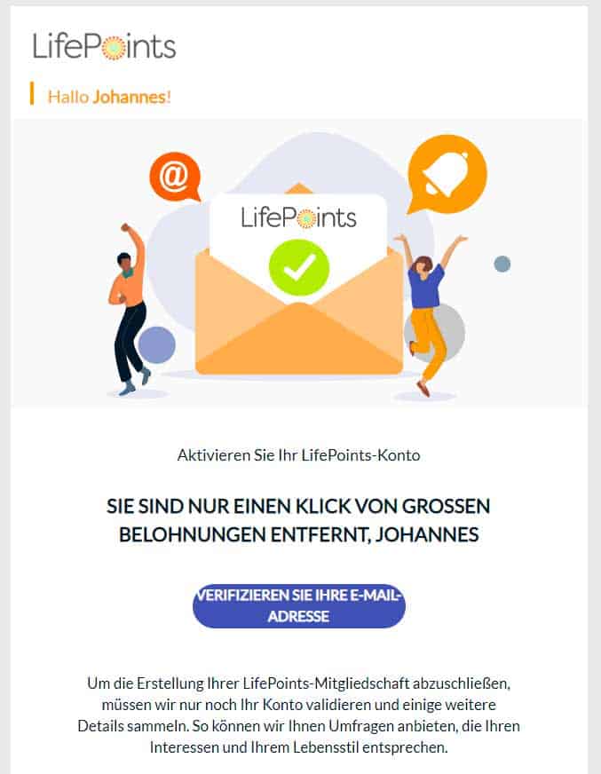 Screenshot der Registierungs-E-Mail von LifePoints