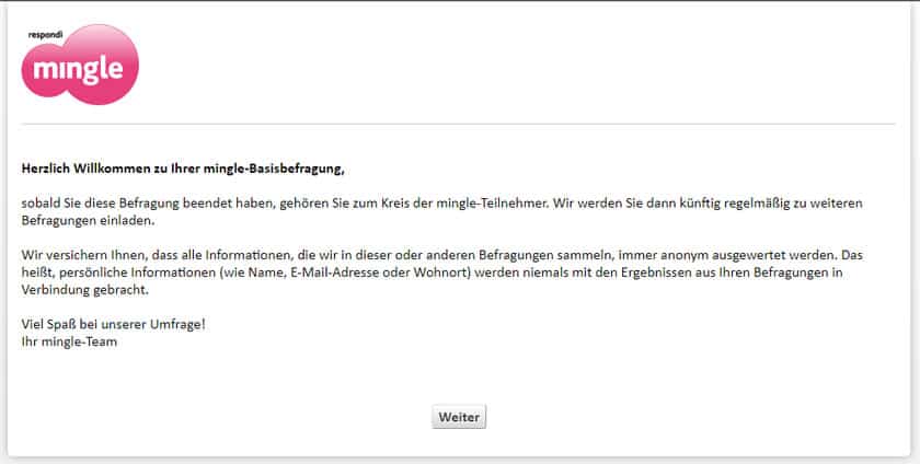 Screenshot Mingle Basisbefragung Start