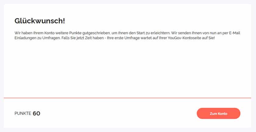 Screenshot: Registrierung bei YouGov abgeschlossen