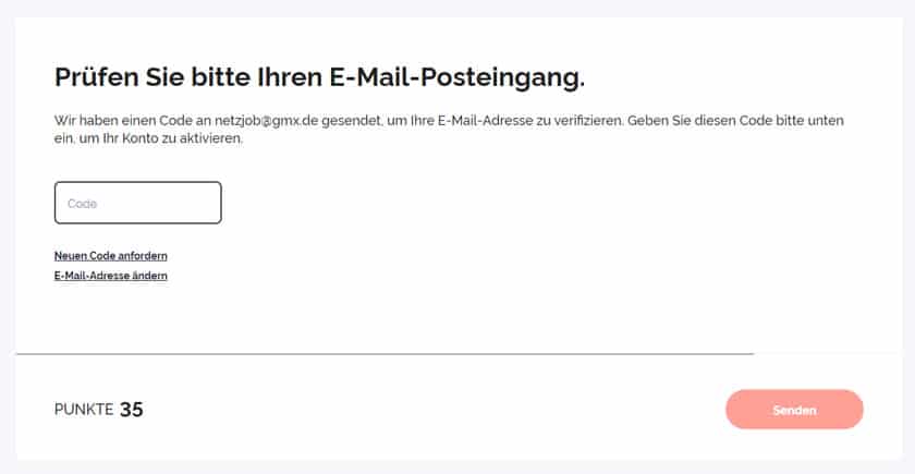Screenshot E-Mail Code für YouGov Registrierung eintragen