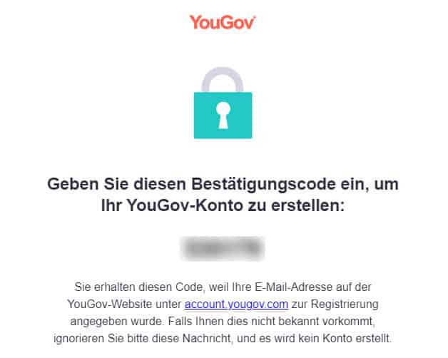 Screenshot E-Mail mit Code zur Registrierung bei YouGov