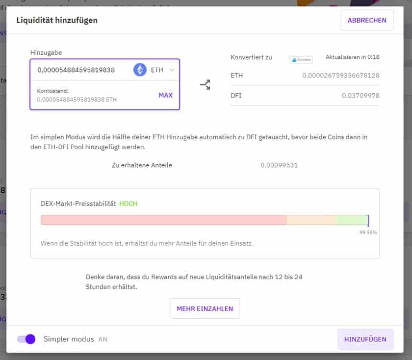 Screenshot Liquidität auf Cake DeFi hinzufügen