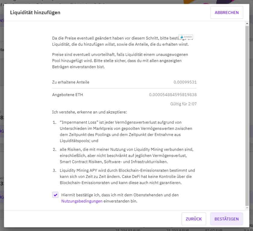 Screenshot Bestätigung hinzufügen der Liquidität