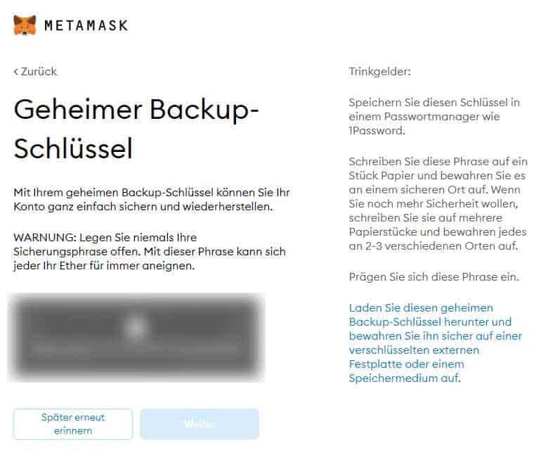 Screenshot MetaMask Backup-Schlüssel