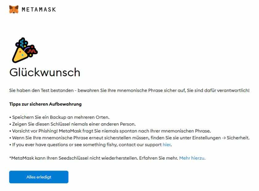 Screenshot MetaMask Backup-Schlüssel Test bestanden