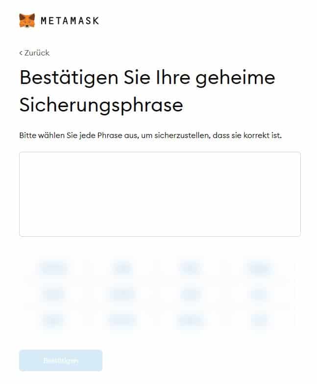 Screenshot MetaMask Bestätigung der Sicherungsphrase