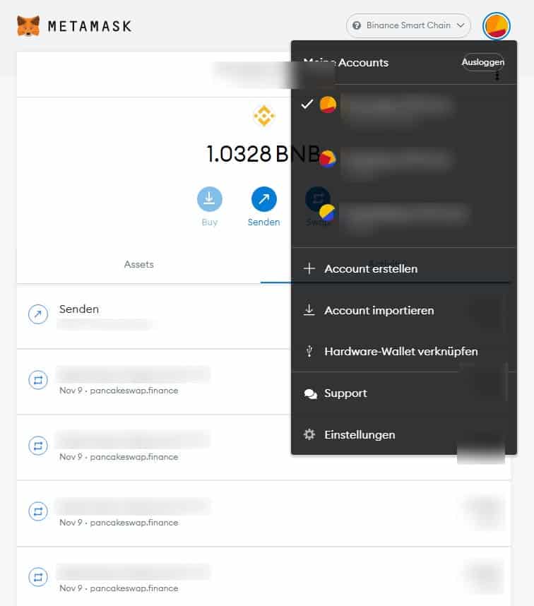 Screenshot MetaMask Einstellungen aufrufen