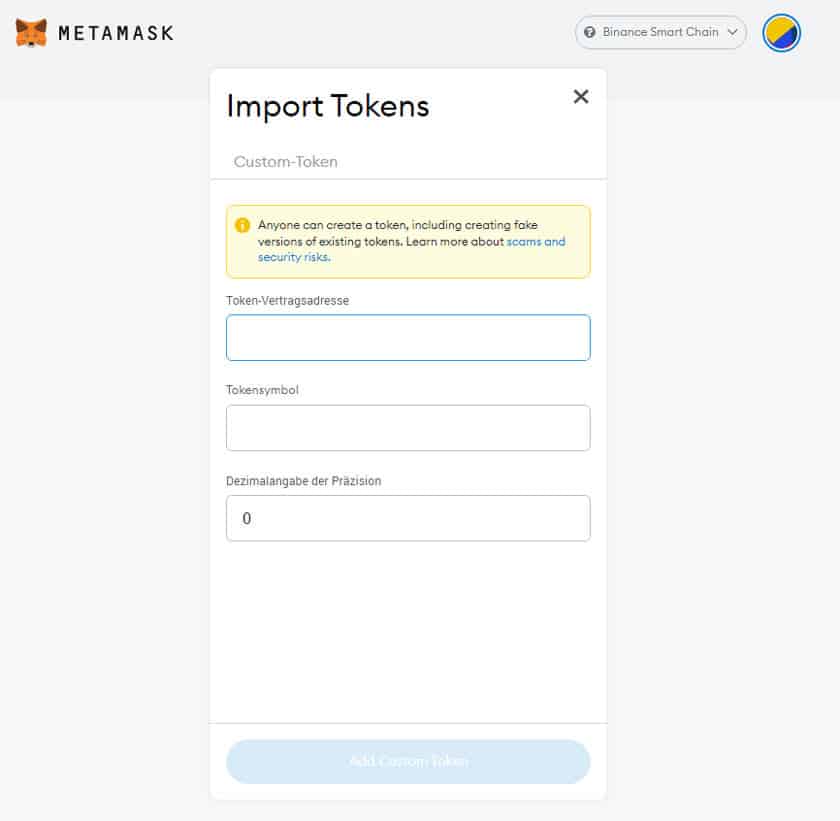 Screenshot MetaMask Import Token