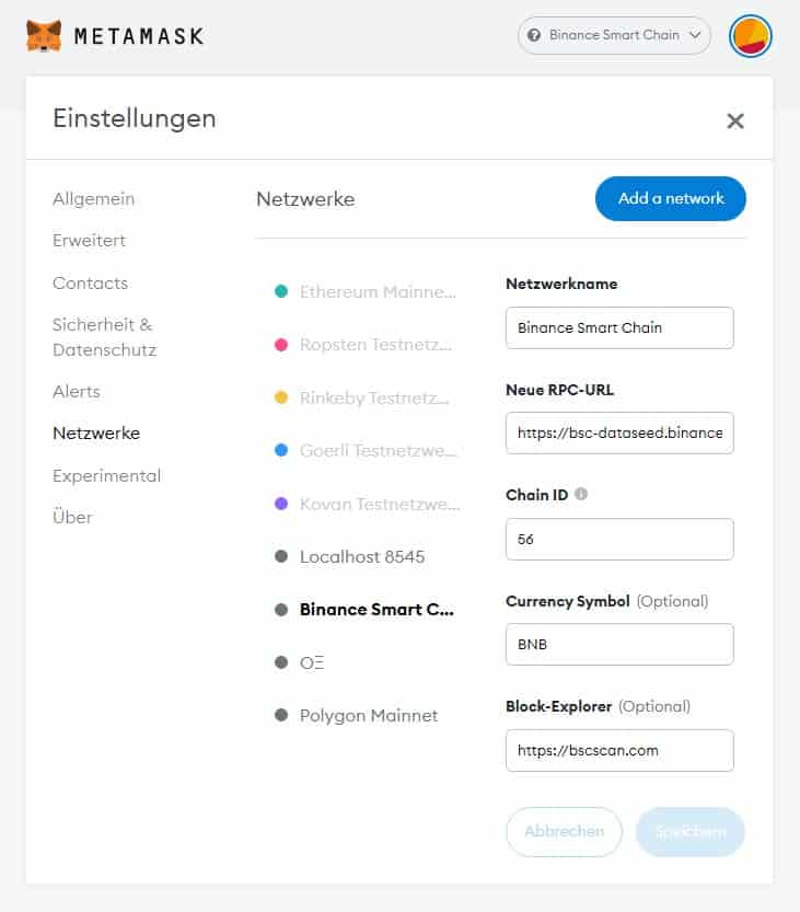 Screenshot MetaMask Einstellungen aufrufen