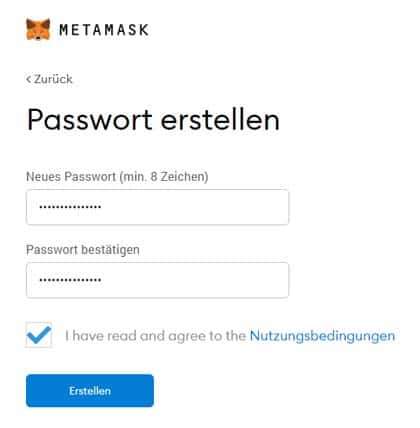 Screenshot MetaMask Passwort erstellen