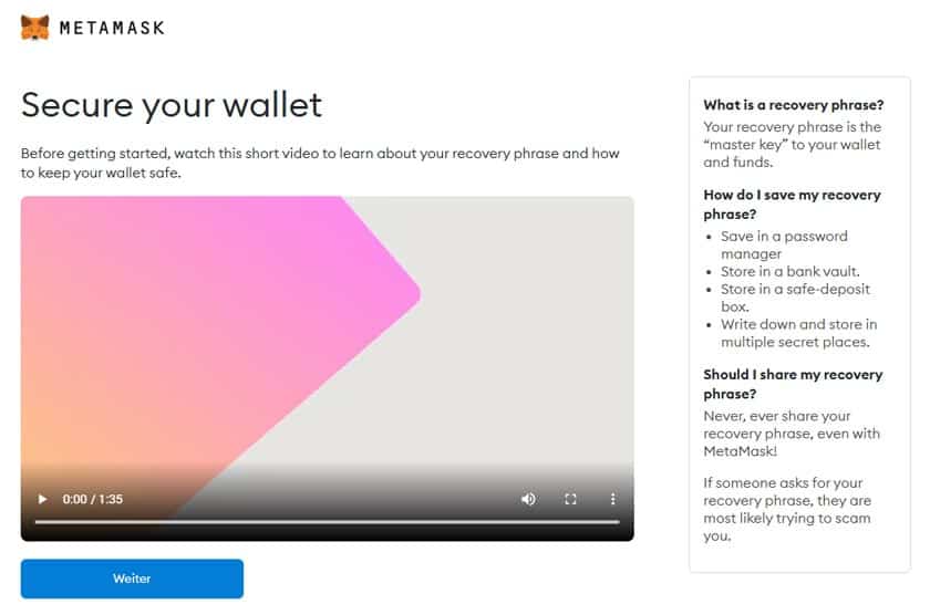 Screenshot MetaMask Secure Wallet Video