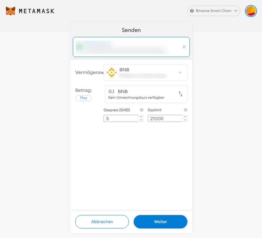 Screenshot MetaMask Token versenden Fenster