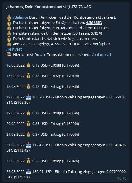 Screenshot zum Balance Update von ProfitWallet