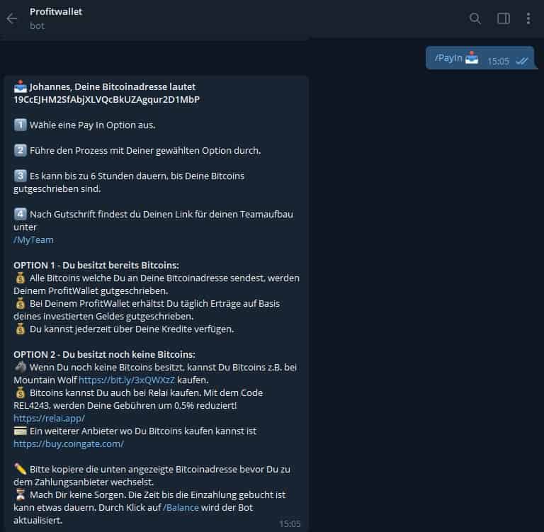 Screenshot zur Einzahlung in den ProfitWallet Telegram Bot