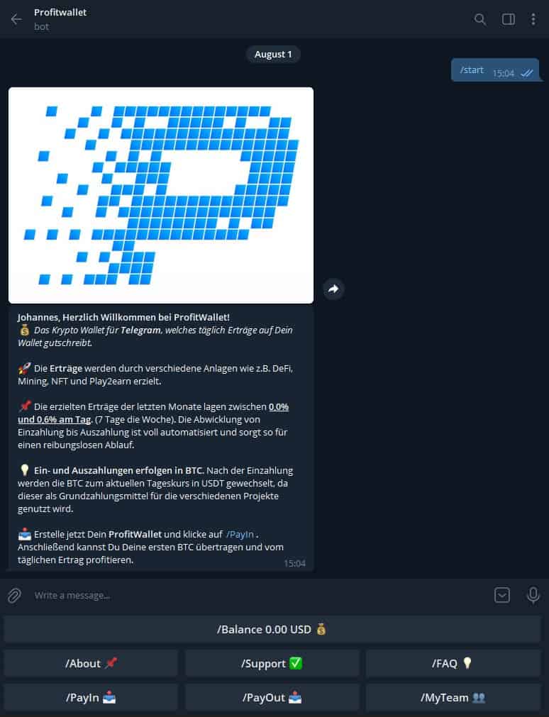 Screenshot ProfitWallet Bot Begrüßungstext