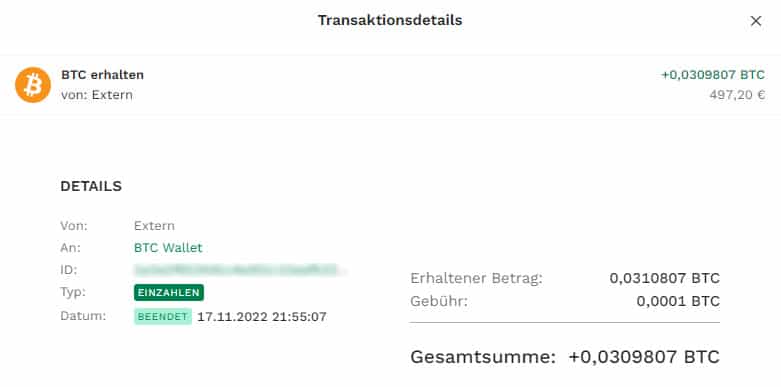 Auszahlung Profit Wallet Eingang Bitpanda Screenshot