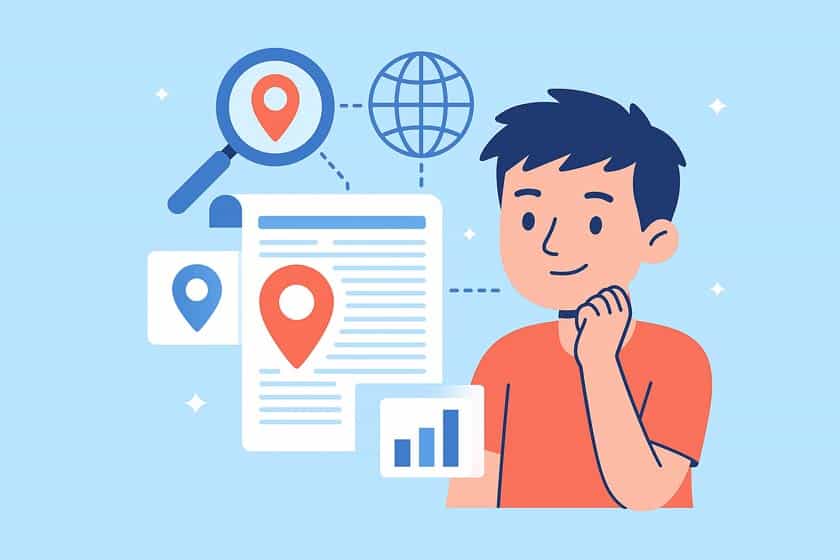 Illustration eines jungen Mannes mit GEO-Symbolen wie Standortpins, Dokumenten und Analysegrafiken im Flat-Design